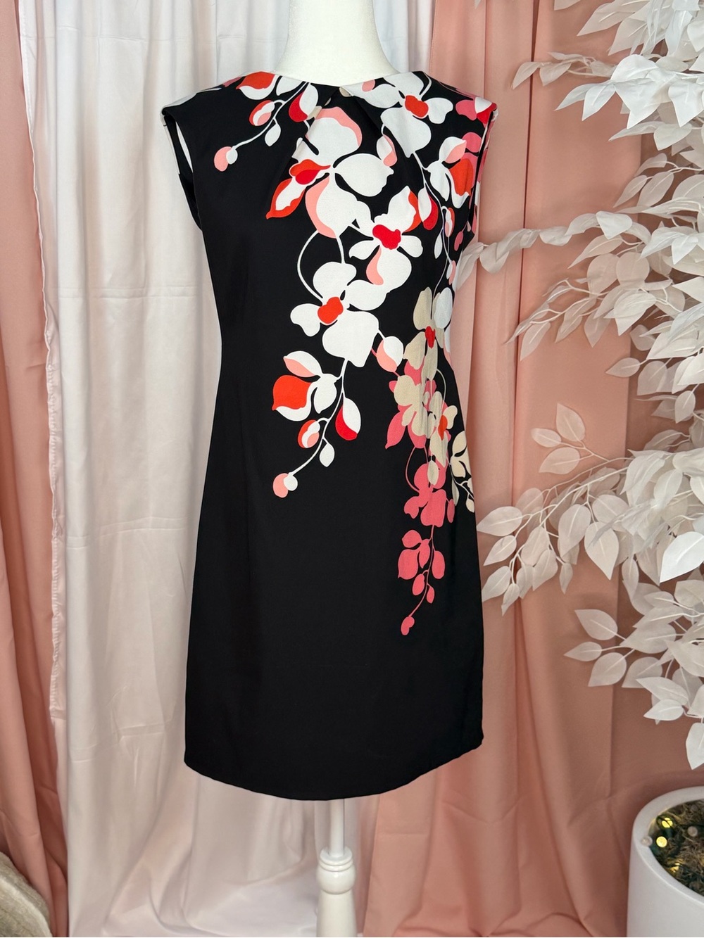 New York & Company Black Mini Dress with Pink, White & Red Floral Print